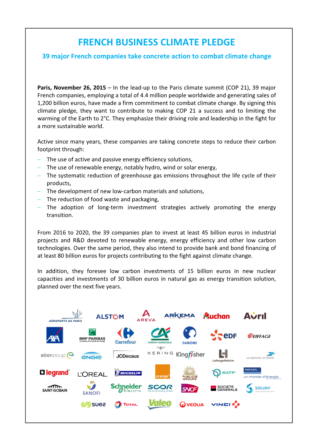 FRENCH BUSINESS CLIMATE PLEDGE 39 Major French Companies Take Concrete Action to Combat Climate Change