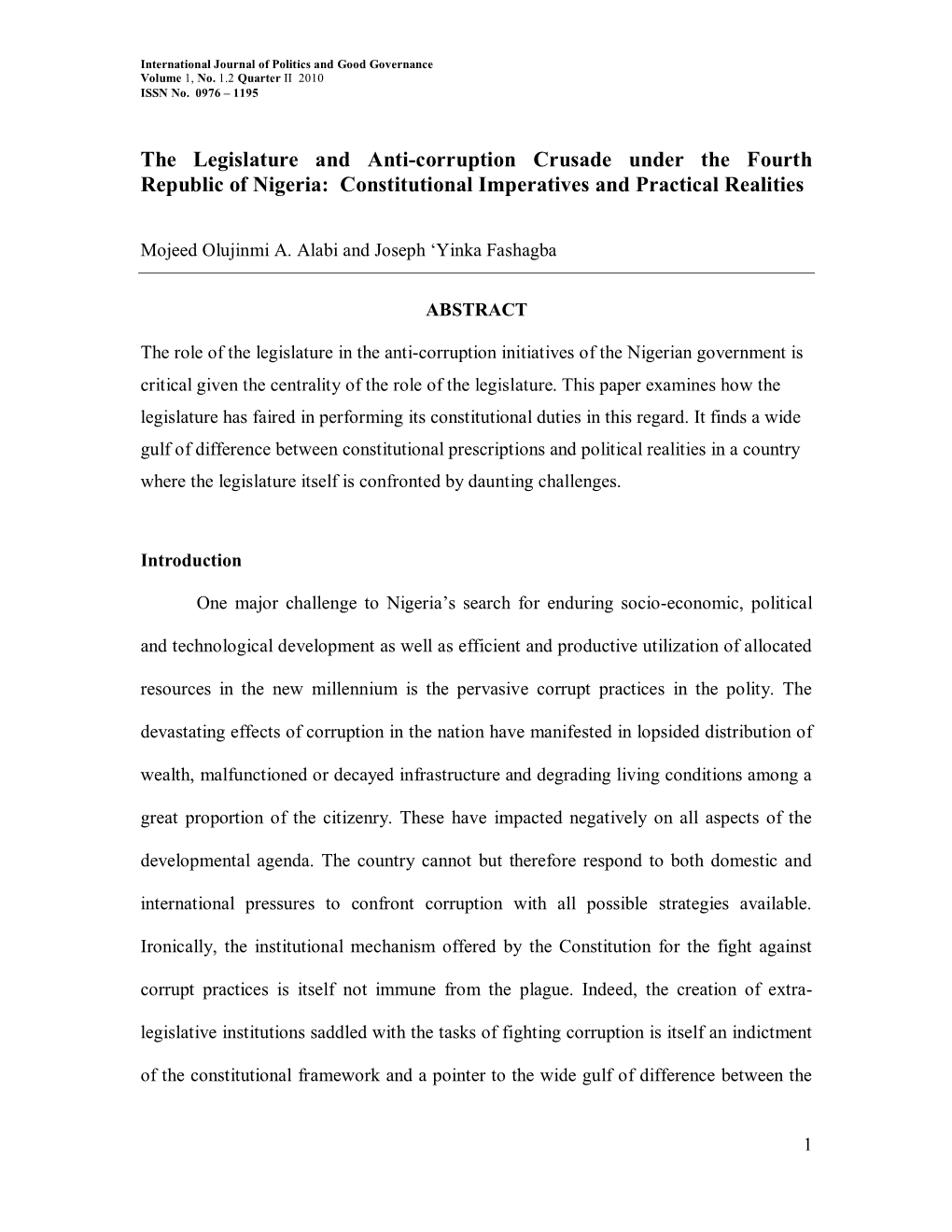 The Legislature and Anti-Corruption Crusade Under the Fourth Republic of Nigeria: Constitutional Imperatives and Practical Realities