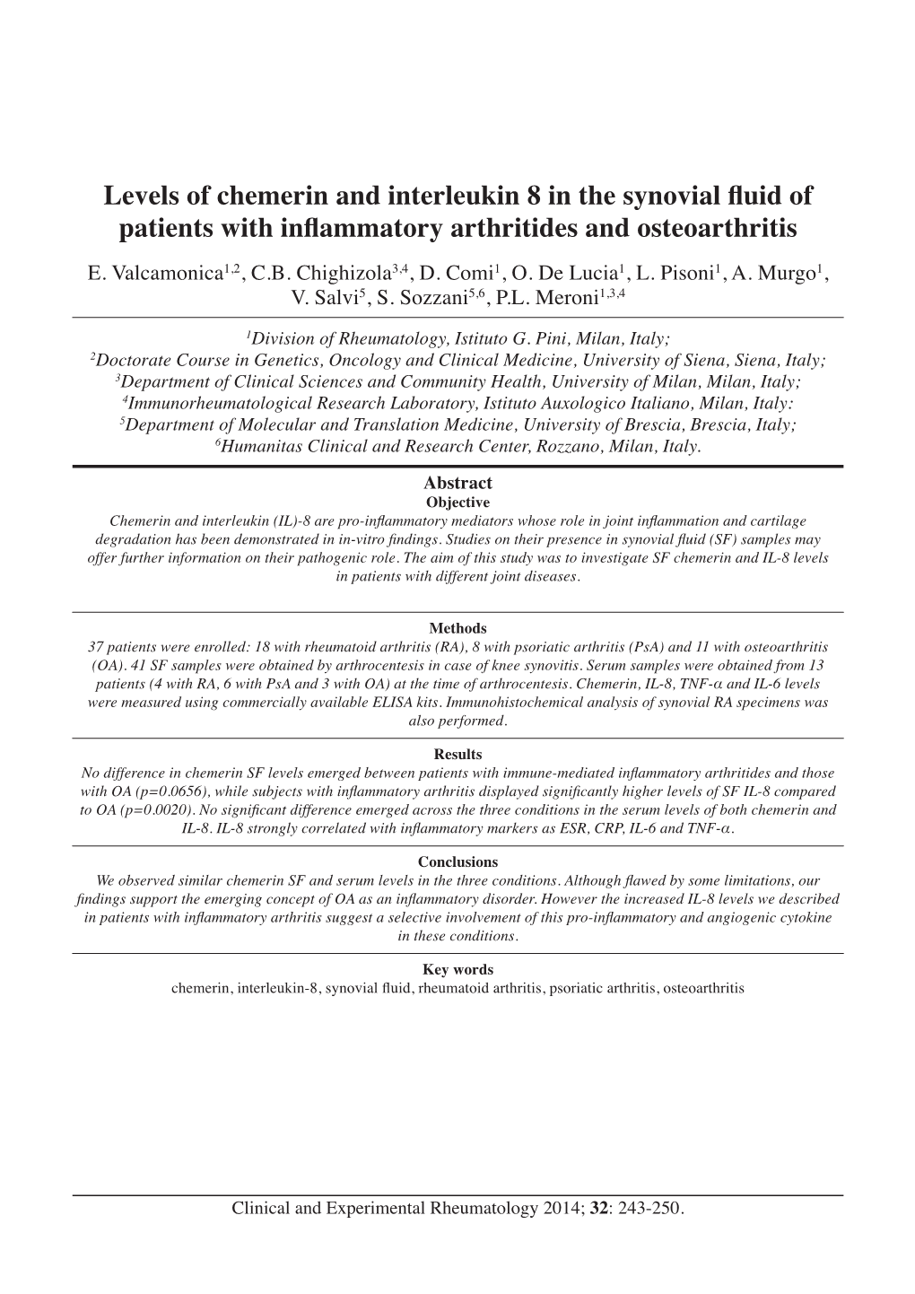Levels of Chemerin and Interleukin 8 in the Synovial Fluid of Patients with Inflammatory Arthritides and Osteoarthritis E