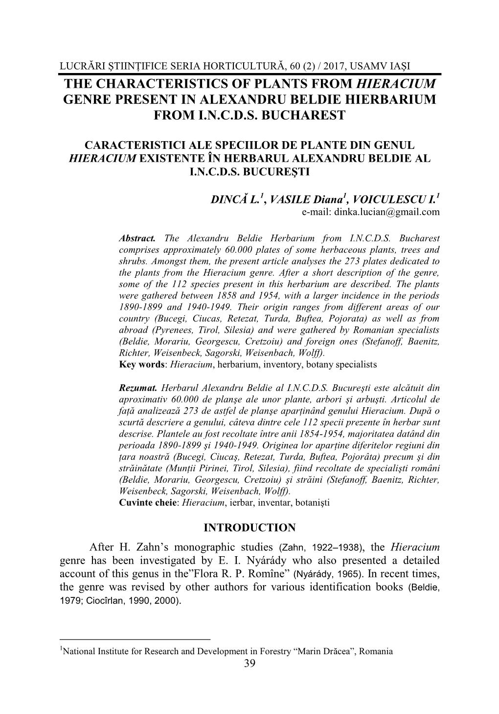 The Characteristics of Plants from Hieracium Genre Present in Alexandru Beldie Hierbarium from I.N.C.D.S