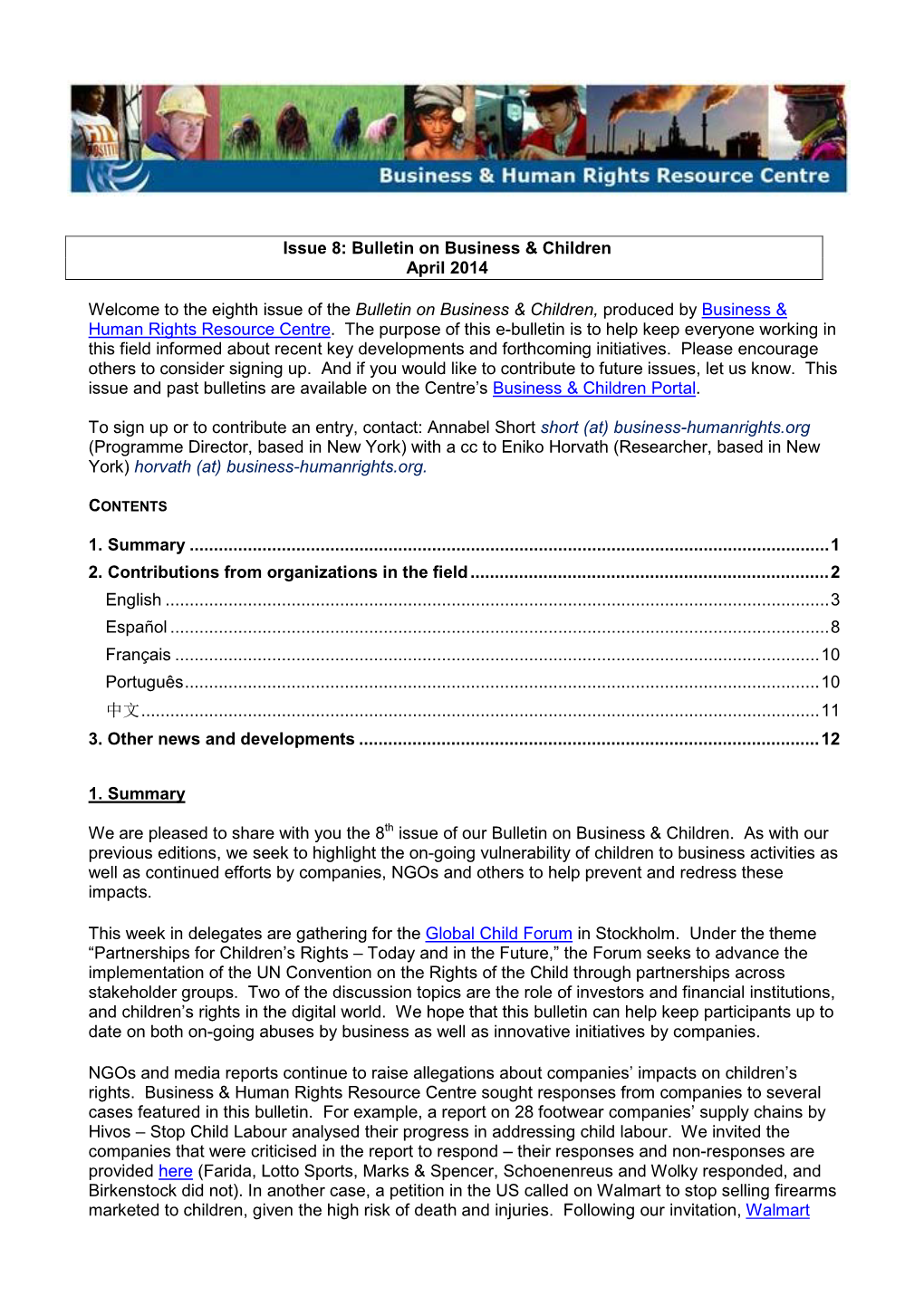 Bulletin on Business & Children April 2014 Welcome to the Eighth Issue