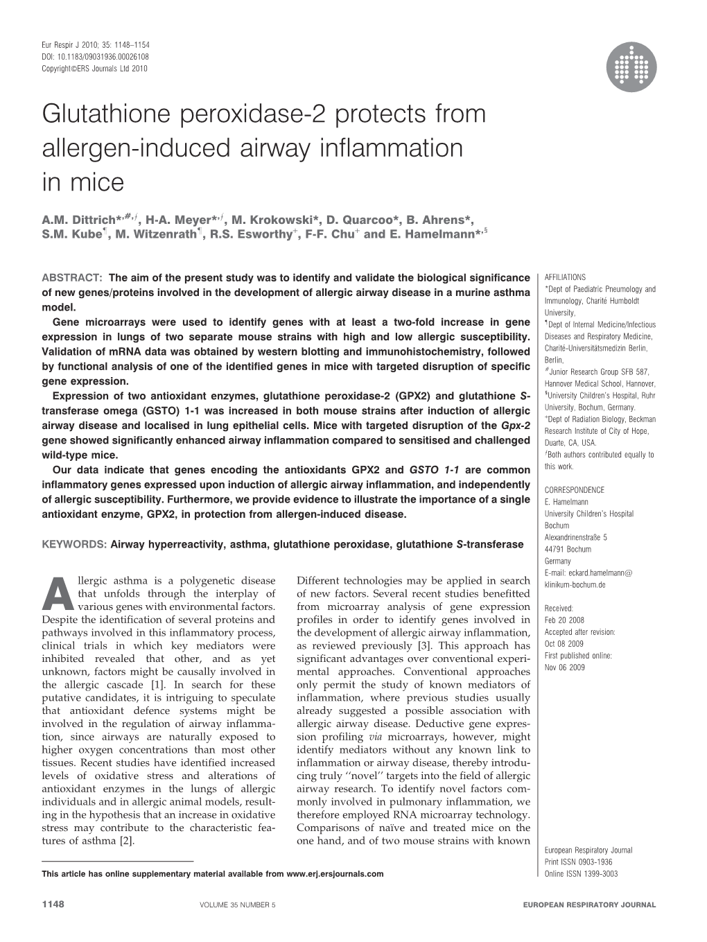 Glutathione Peroxidase-2 Protects from Allergen-Induced Airway Inflammation in Mice