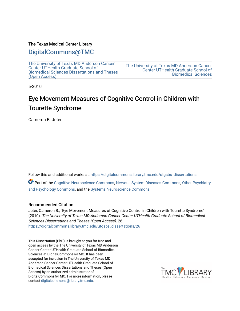 Eye Movement Measures of Cognitive Control in Children with Tourette Syndrome