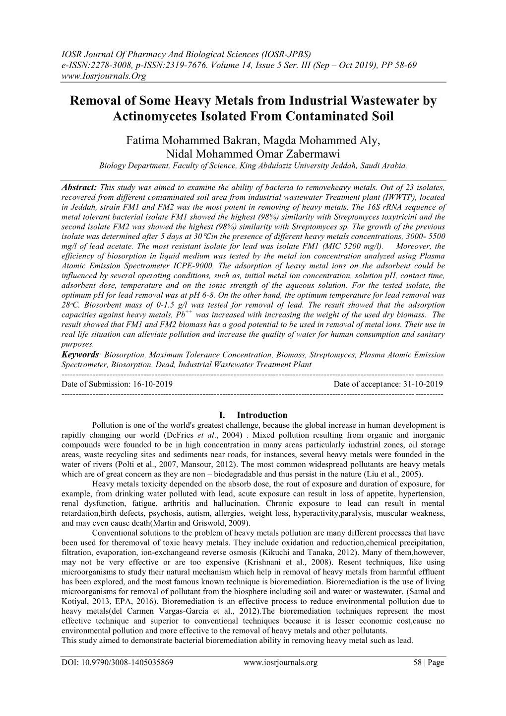 Removal of Some Heavy Metals from Industrial Wastewater by Actinomycetes Isolated from Contaminated Soil