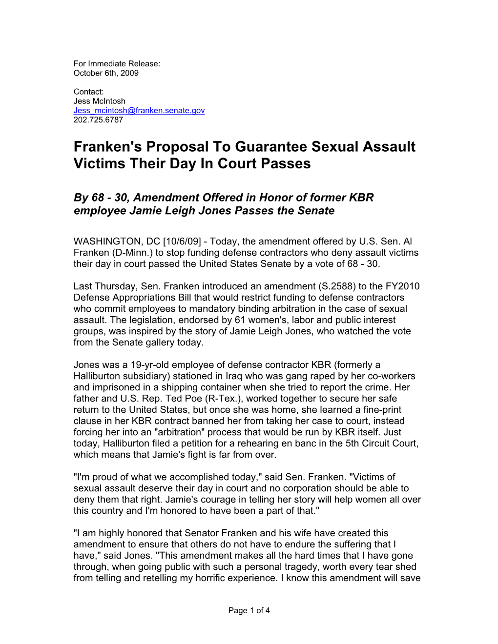 Franken's Proposal to Guarantee Sexual Assault Victims Their Day in Court Passes