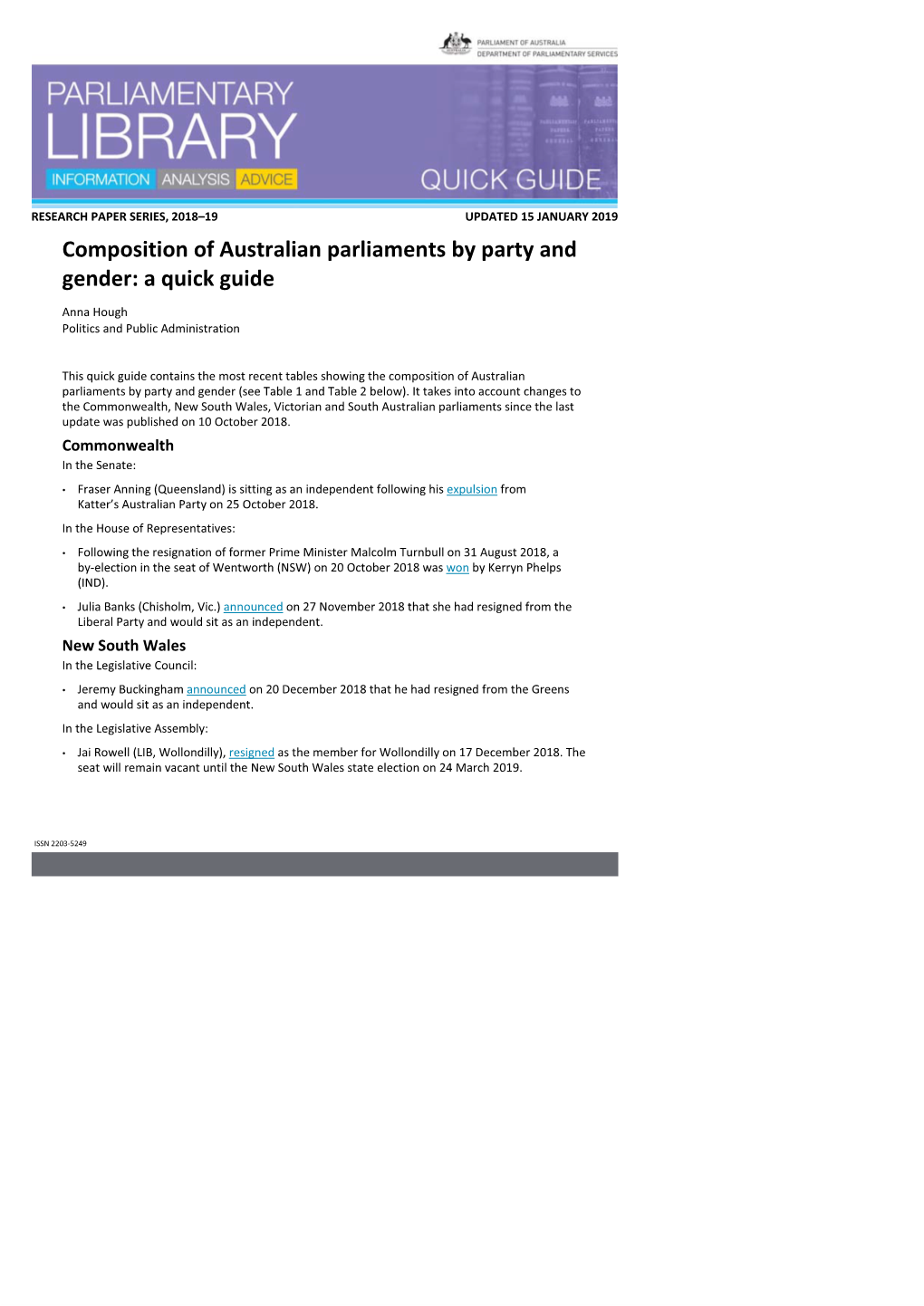 Composition of Australian Parliaments by Party and Gender: a Quick Guide