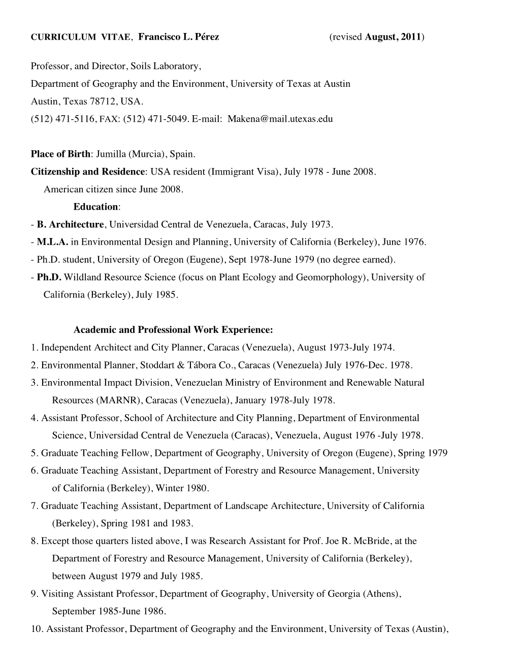 CURRICULUM VITAE, Francisco L. Pérez (Revised August, 2011)