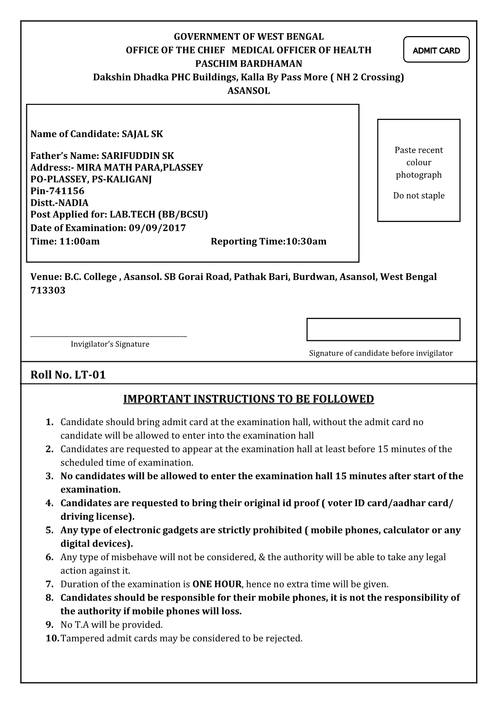 Roll No. LT-01 IMPORTANT INSTRUCTIONS to BE FOLLOWED