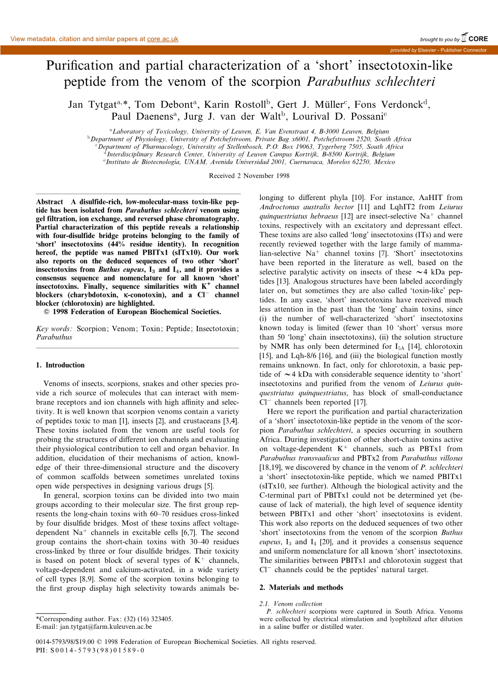 Short' Insectotoxin-Like Peptide from the Venom of the Scorpion Parabuthus Schlechteri