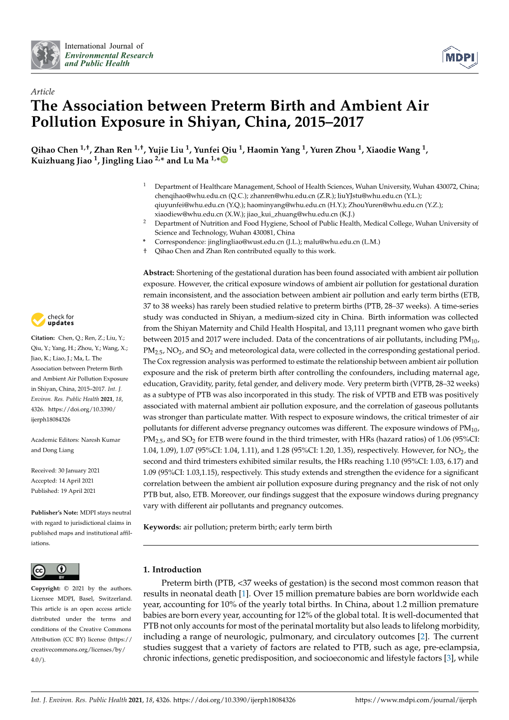 The Association Between Preterm Birth and Ambient Air Pollution Exposure in Shiyan, China, 2015–2017