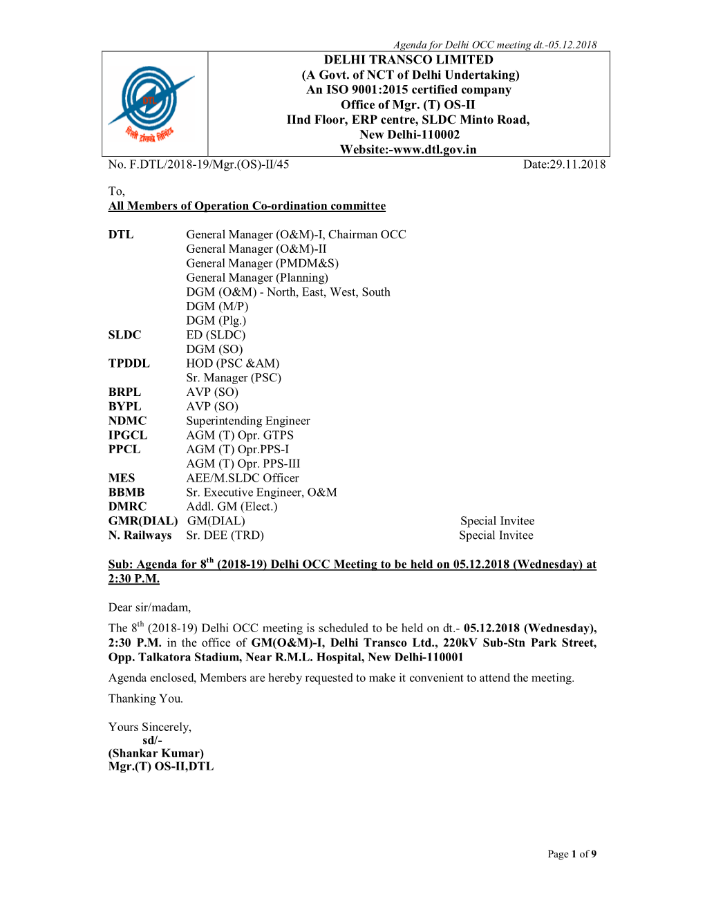 An ISO 9001:2015 Certified Company Office of Mgr. (T) OS-II Iind