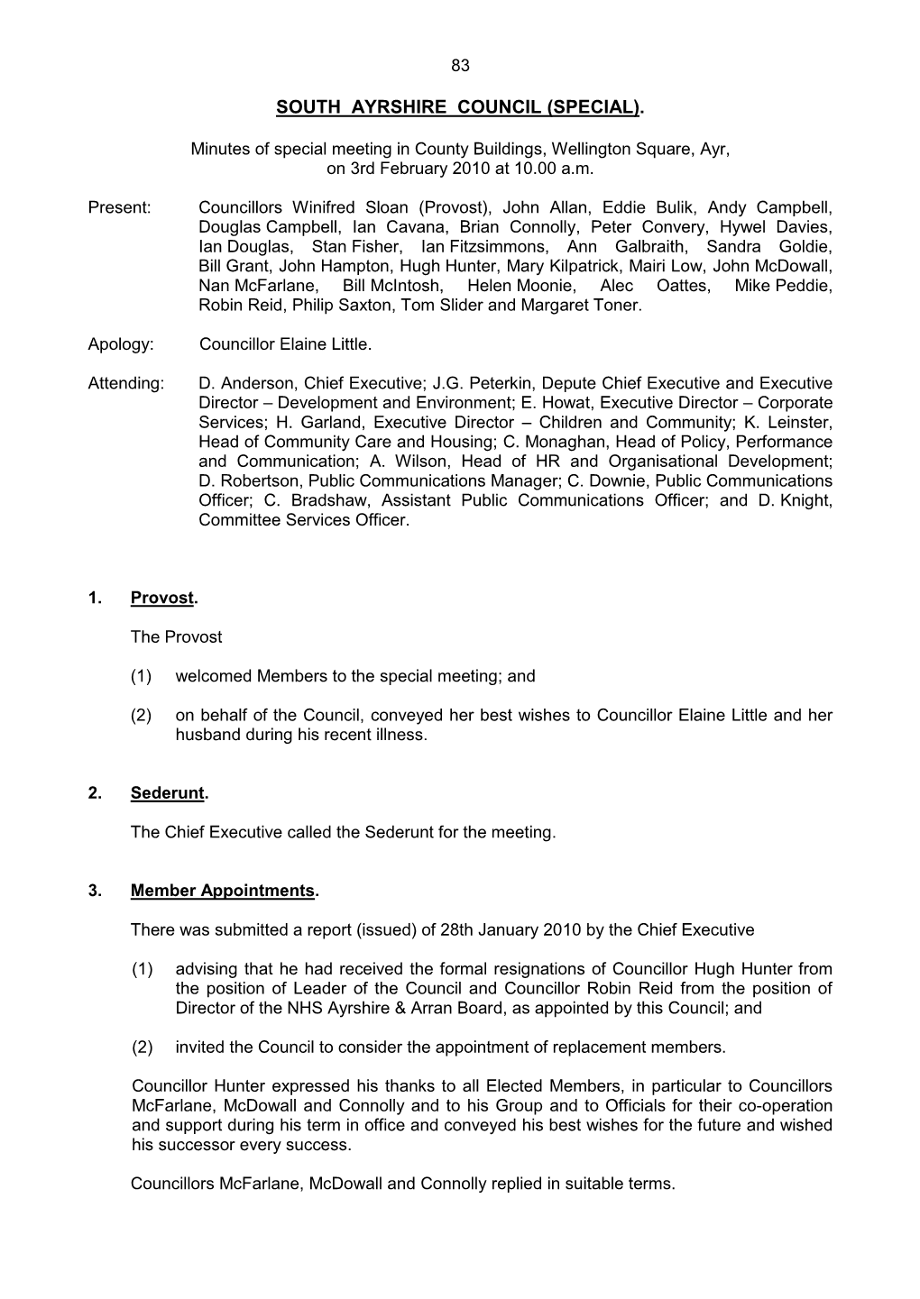 Minutes of Special Meeting in County Buildings, Wellington Square, Ayr, on 3Rd February 2010 at 10.00 A.M