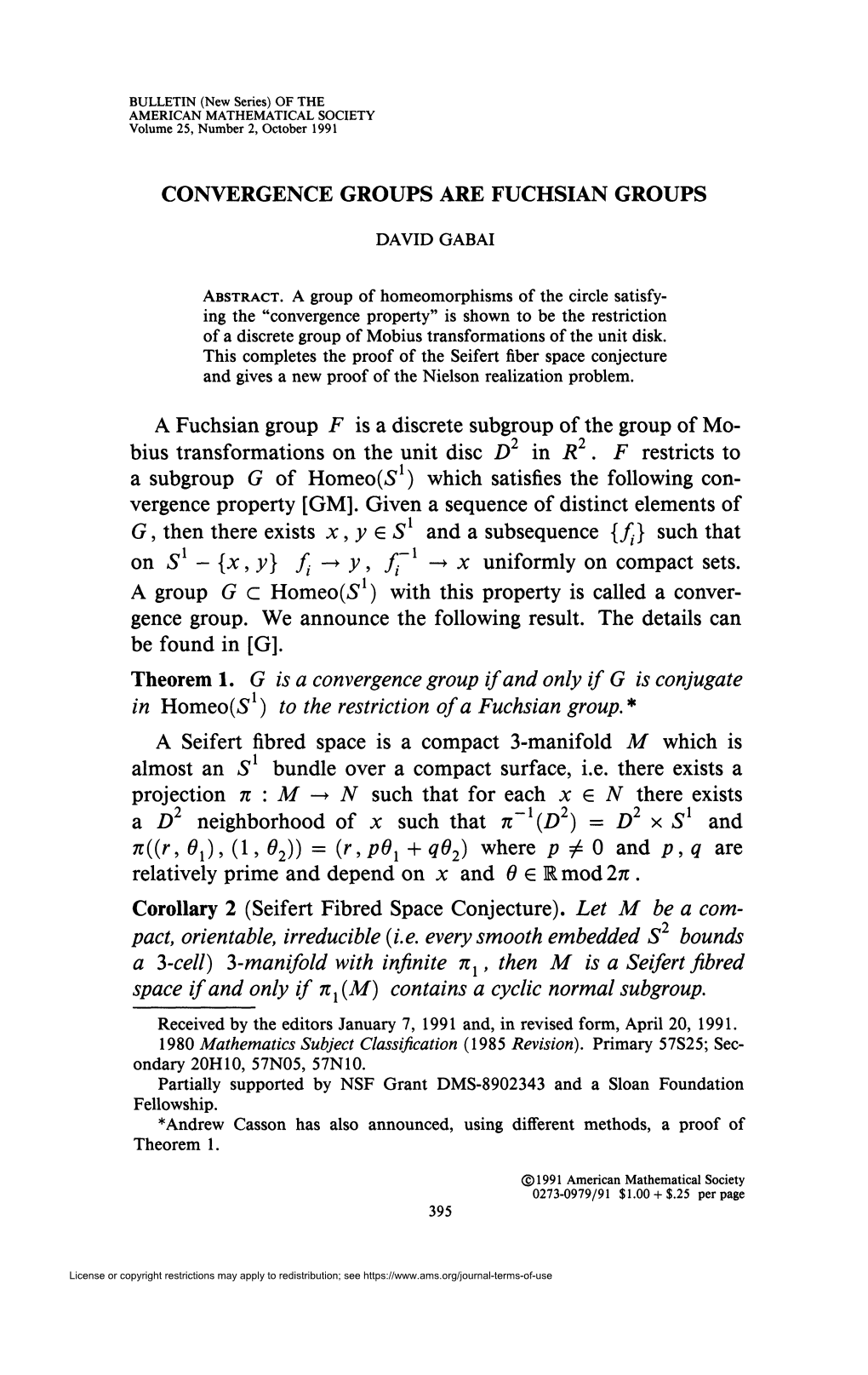 Convergence Groups Are Fuchsian Groups