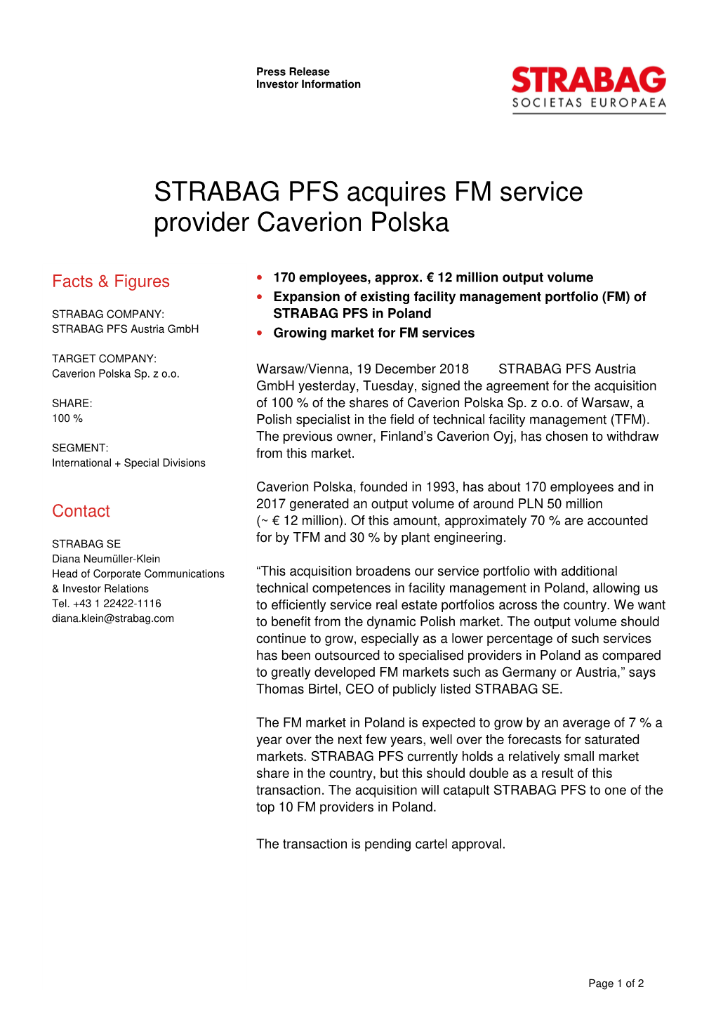 STRABAG PFS Acquires FM Service Provider Caverion Polska