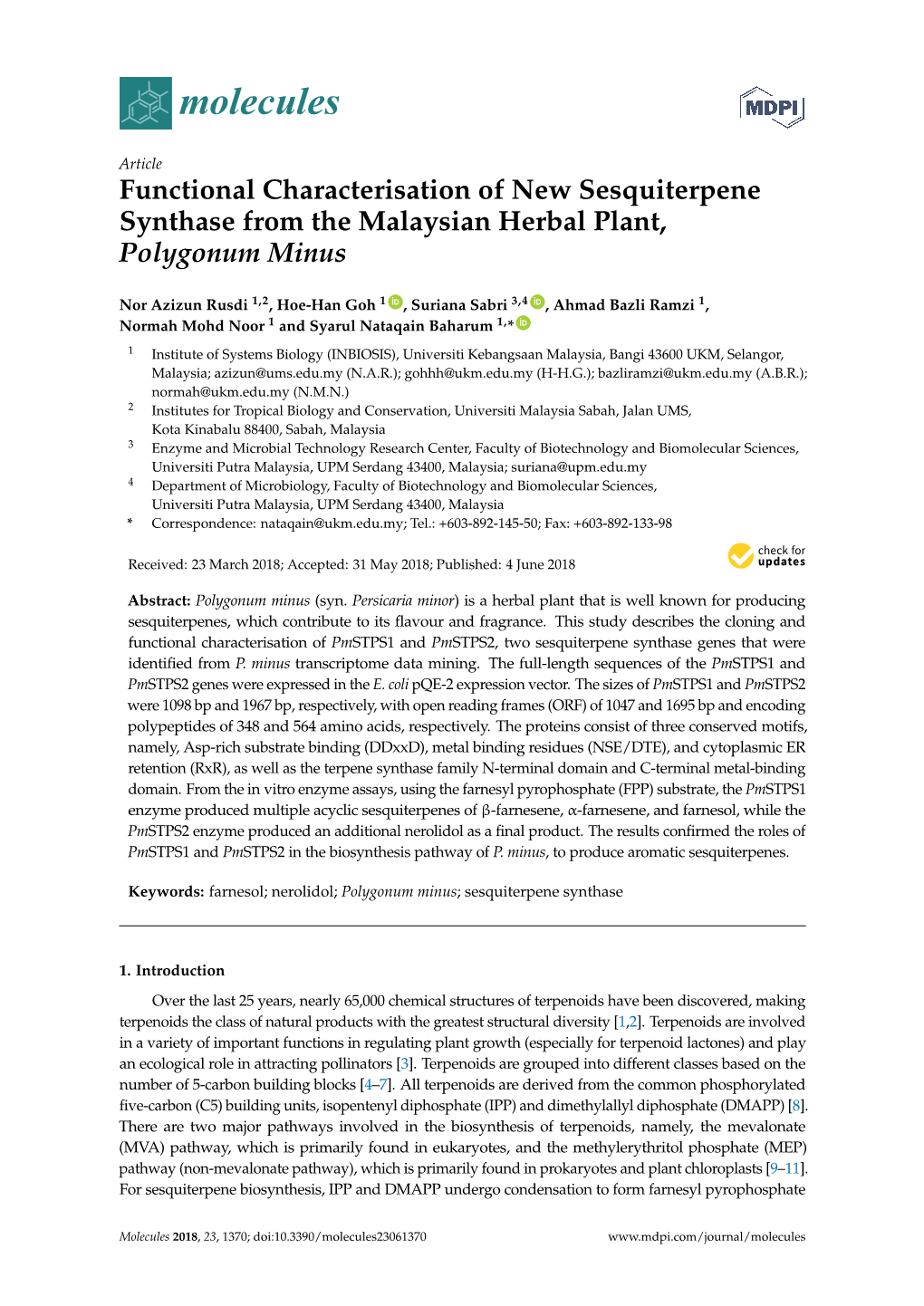 Functional Characterisation of New Sesquiterpene Synthase from the Malaysian Herbal Plant, Polygonum Minus