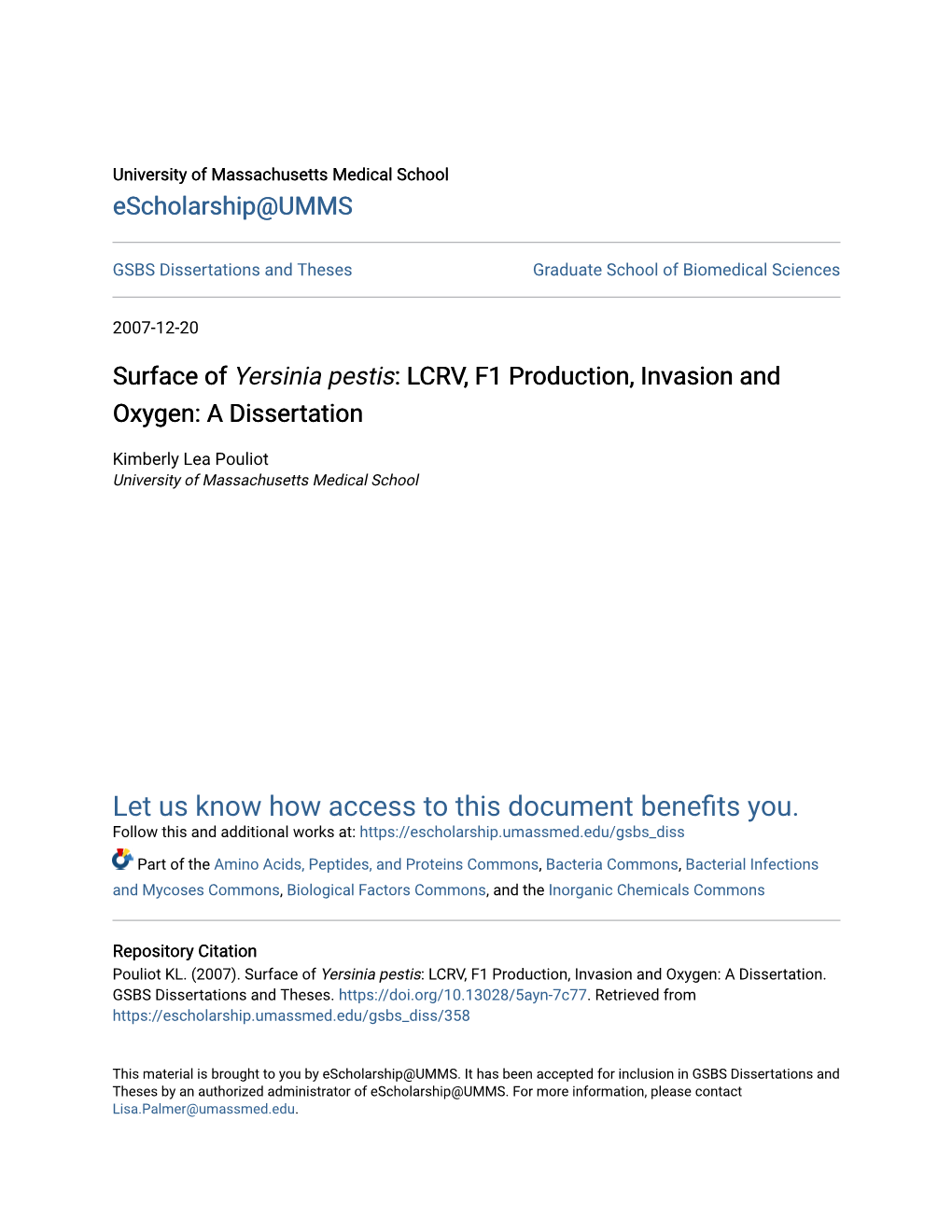 Yersinia Pestis&lt;/Em&gt;: LCRV, F1 Production, Invasion and Oxygen