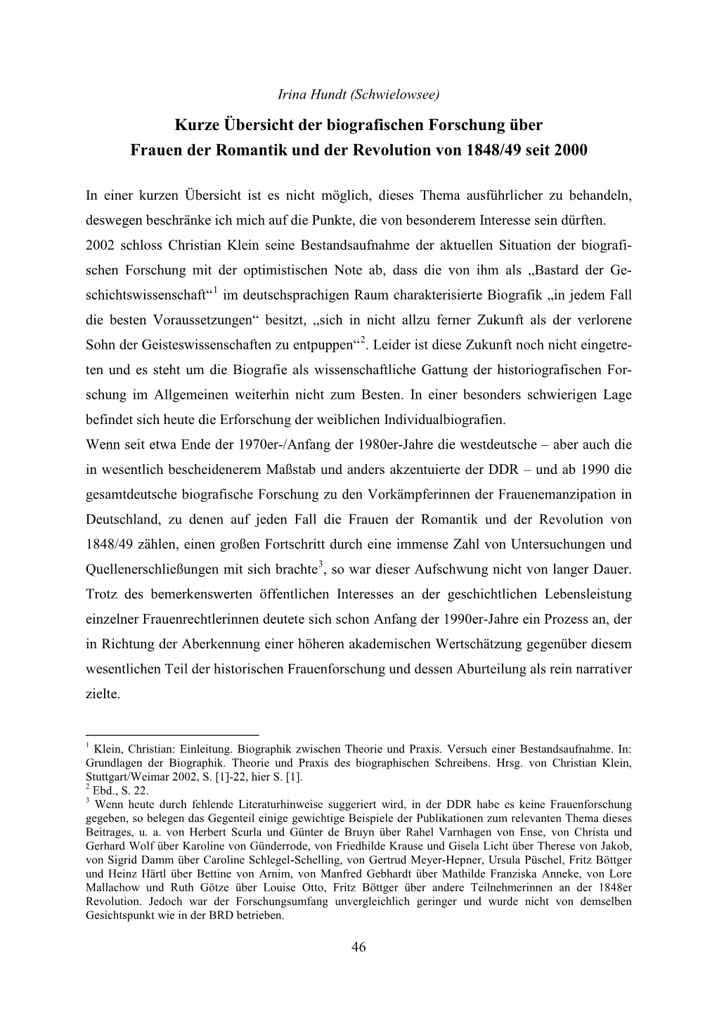 Kurze Übersicht Der Biografischen Forschung Über Frauen Der Romantik Und Der Revolution Von 1848/49 Seit 2000