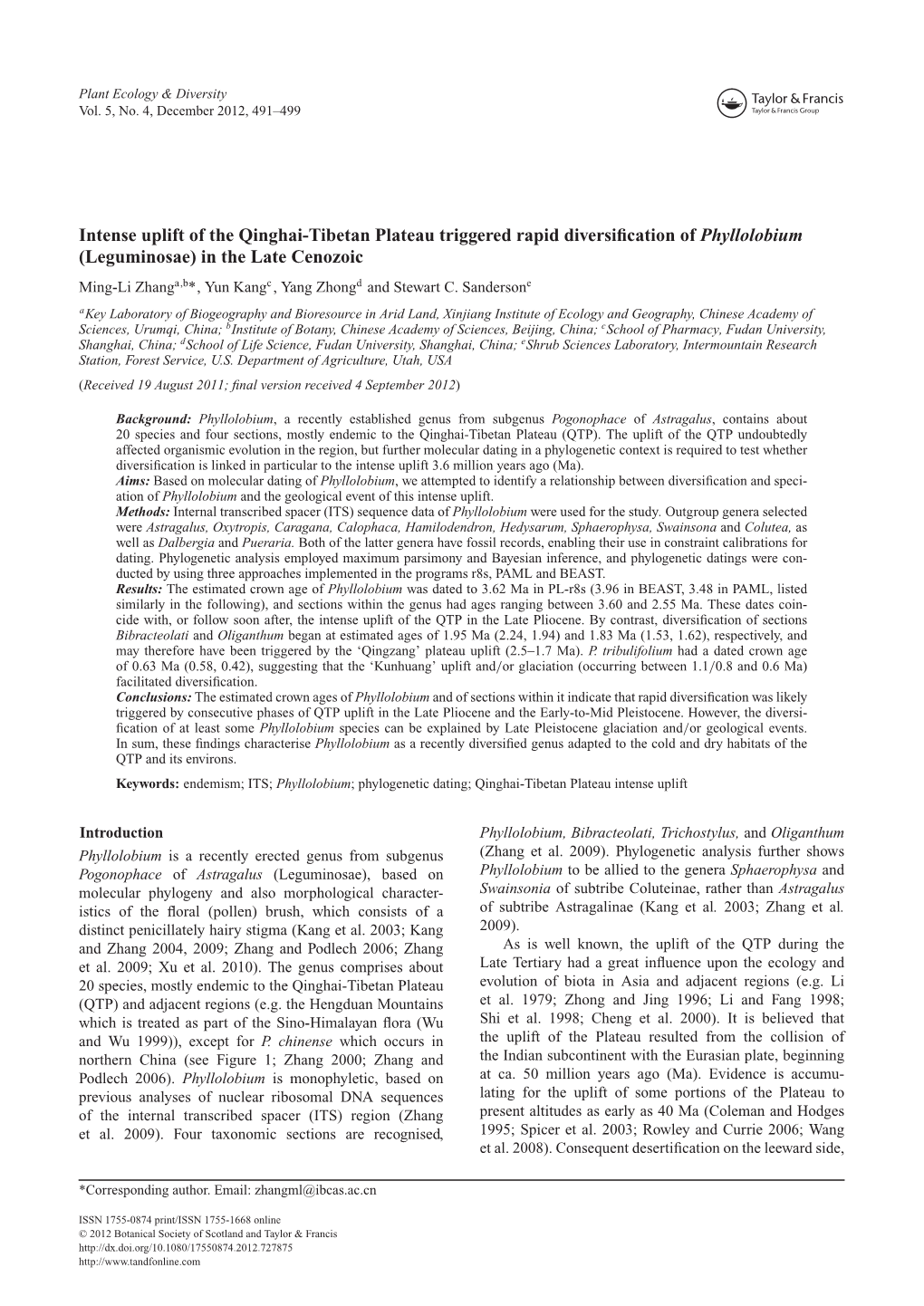 Intense Uplift of the Qinghai-Tibetan Plateau