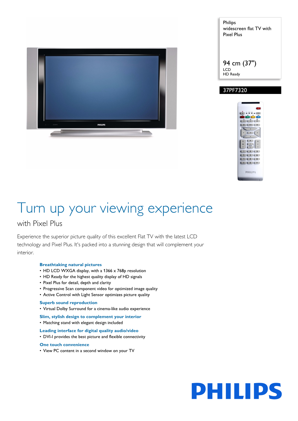 37PF7320/10 Philips Widescreen Flat TV with Pixel Plus
