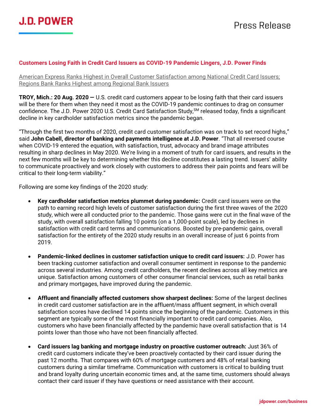 Customers Losing Faith in Credit Card Issuers As COVID-19 Pandemic Lingers, J.D. Power Finds American Express Ranks Highest in O