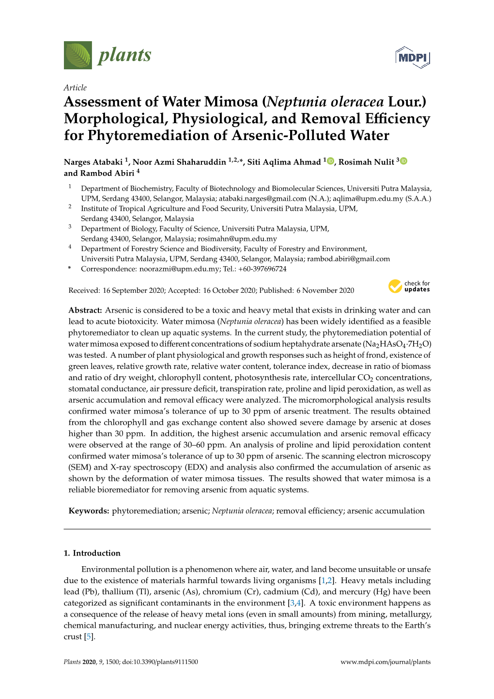 Assessment of Water Mimosa (Neptunia Oleracea Lour.) Morphological, Physiological, and Removal Eﬃciency for Phytoremediation of Arsenic-Polluted Water