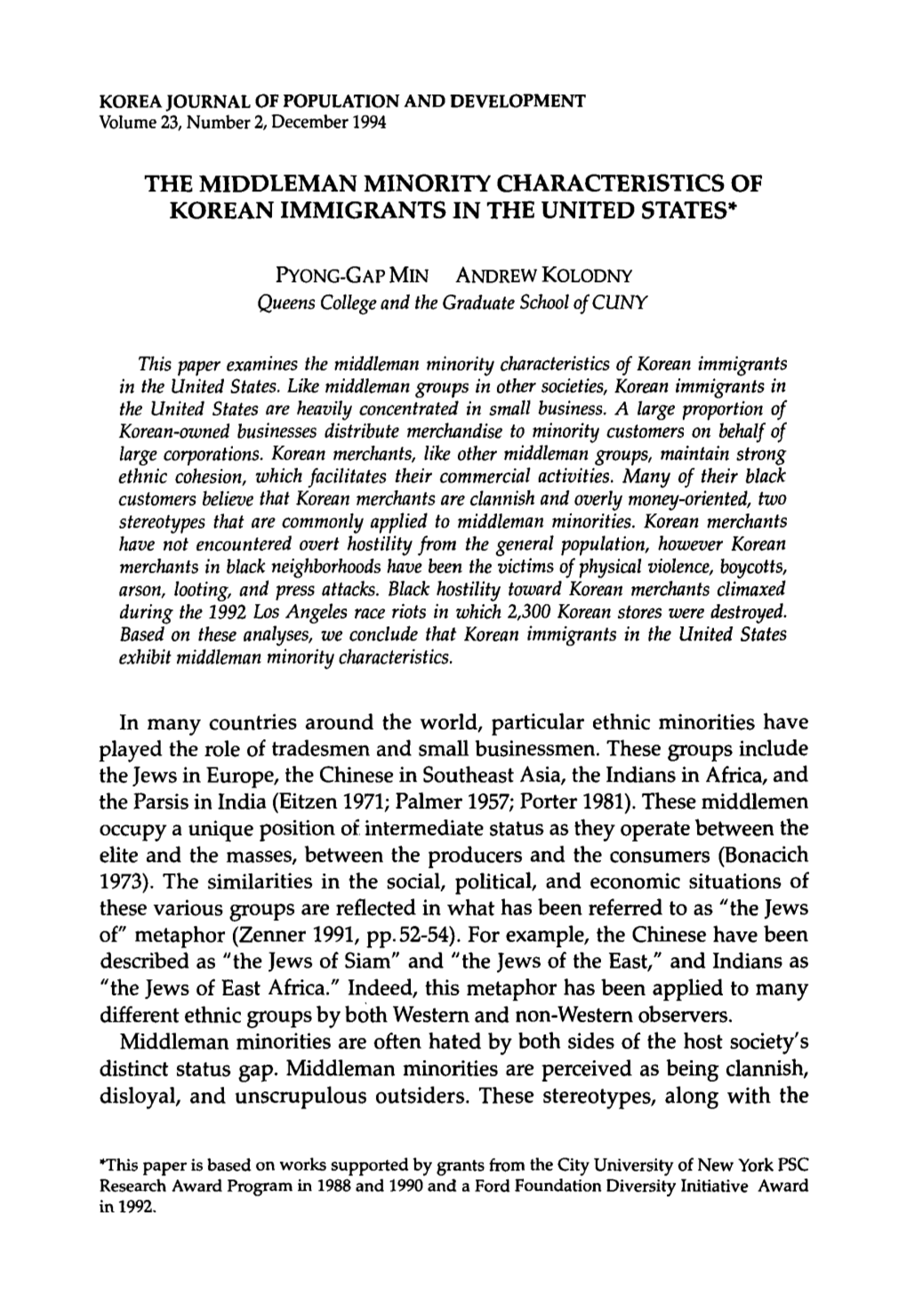 The Middleman Minority Characteristics of Korean Immigrants in the United States"