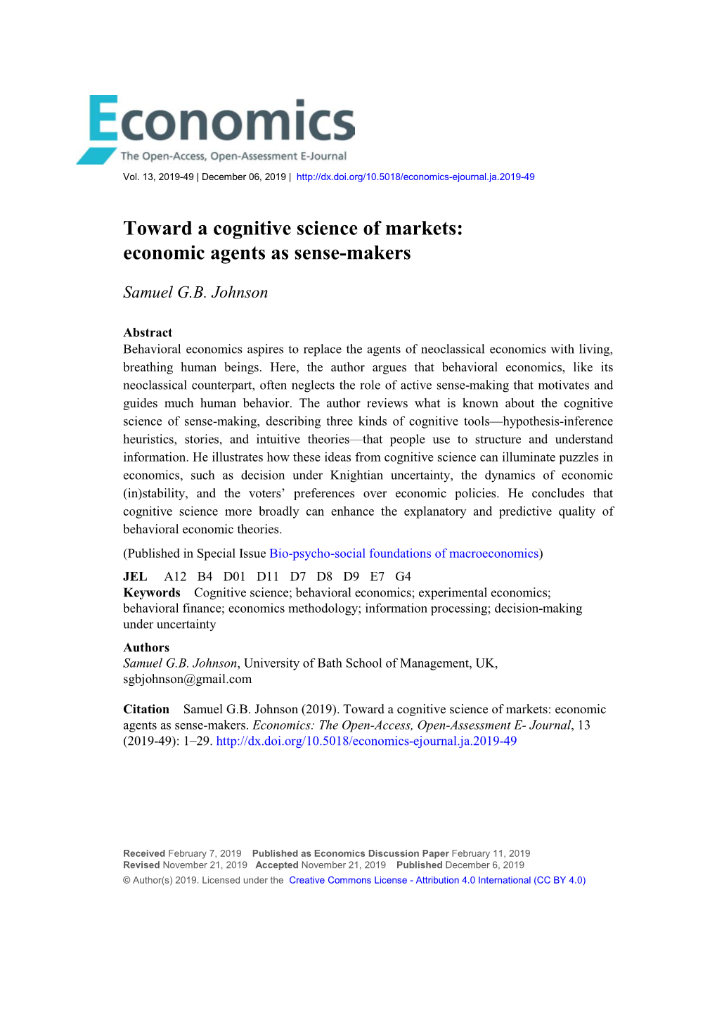 Toward a Cognitive Science of Markets: Economic Agents As Sense-Makers