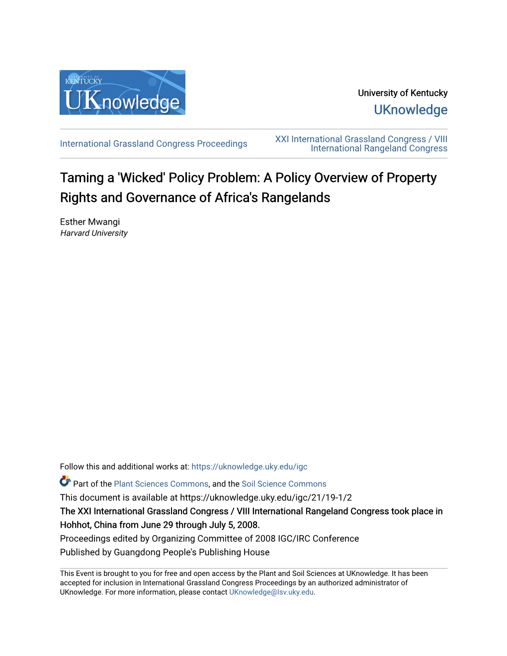A Policy Overview of Property Rights and Governance of Africa's Rangelands