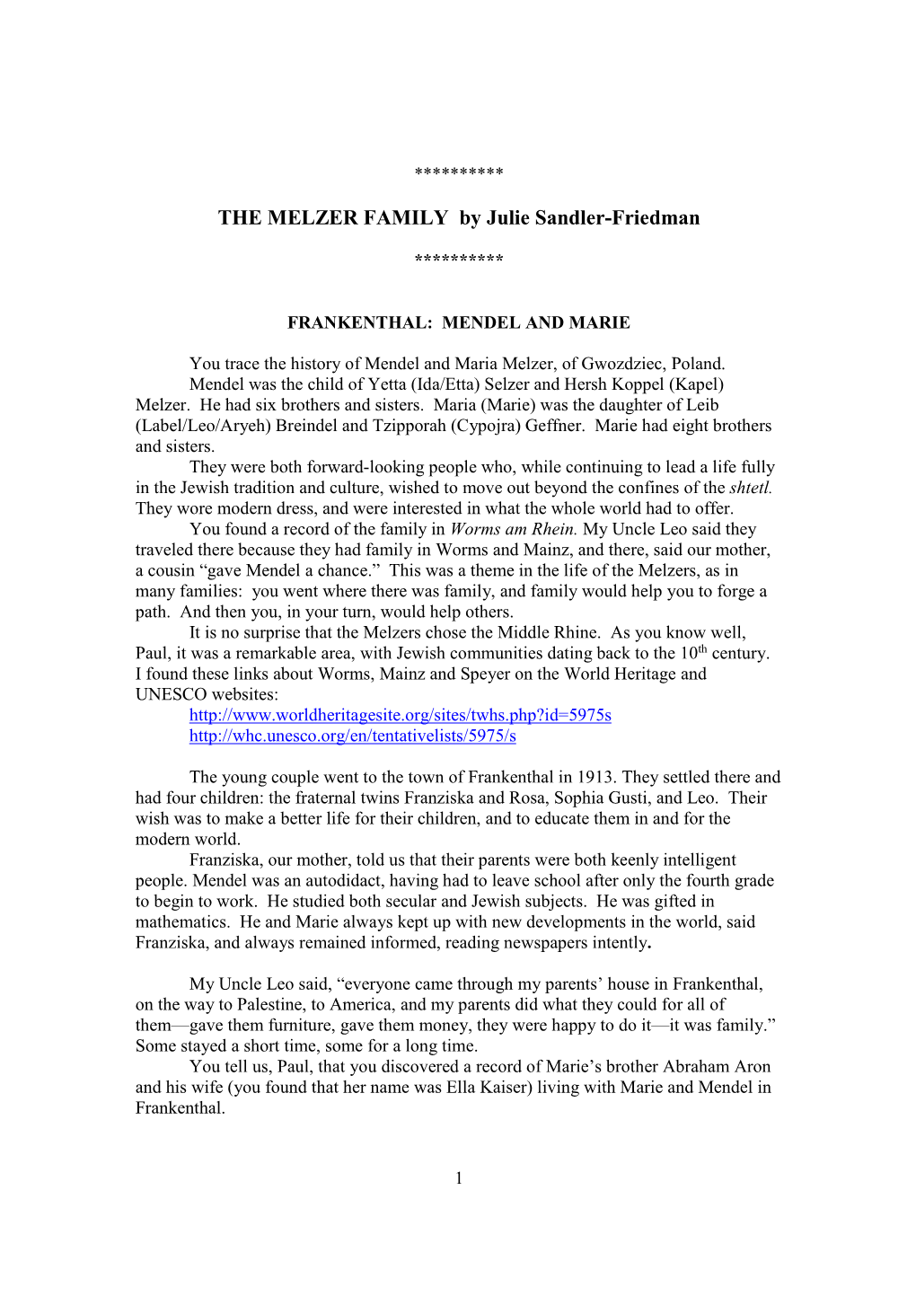 THE MELZER FAMILY by Julie Sandler-Friedman