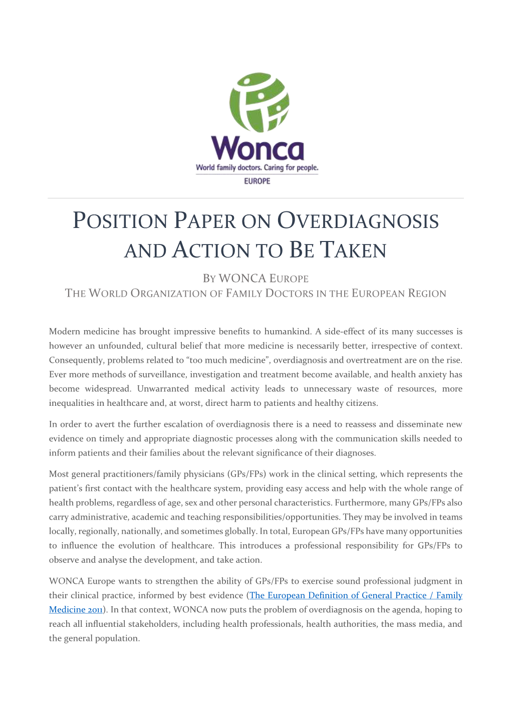 Position Paper on Overdiagnosis and Action to Be Taken