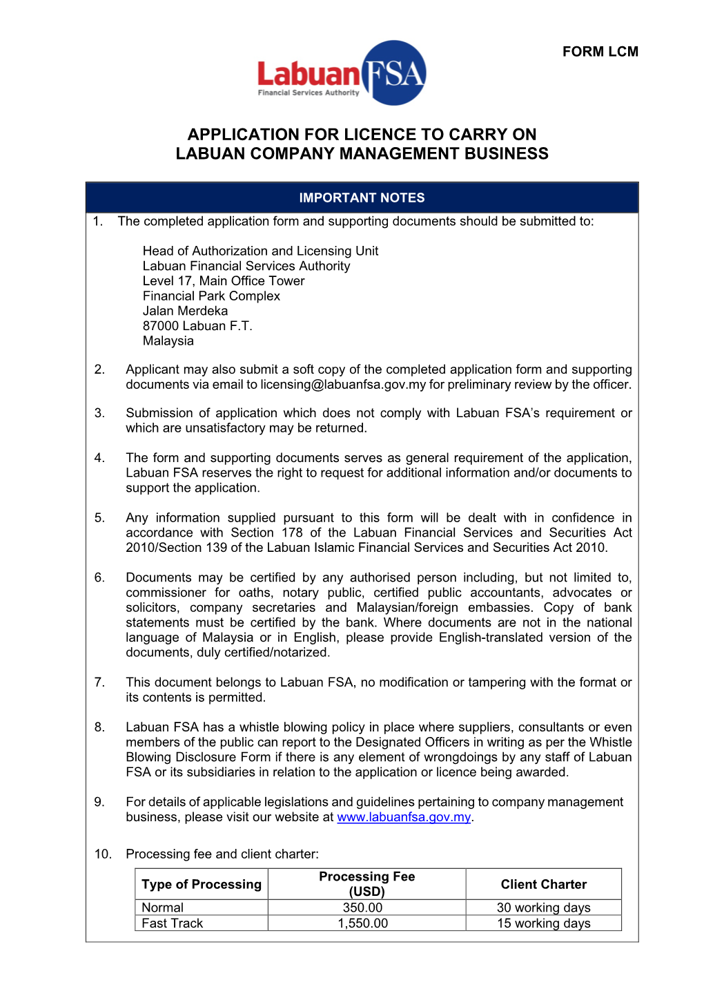 Application for Licence to Carry on Labuan Company Management Business