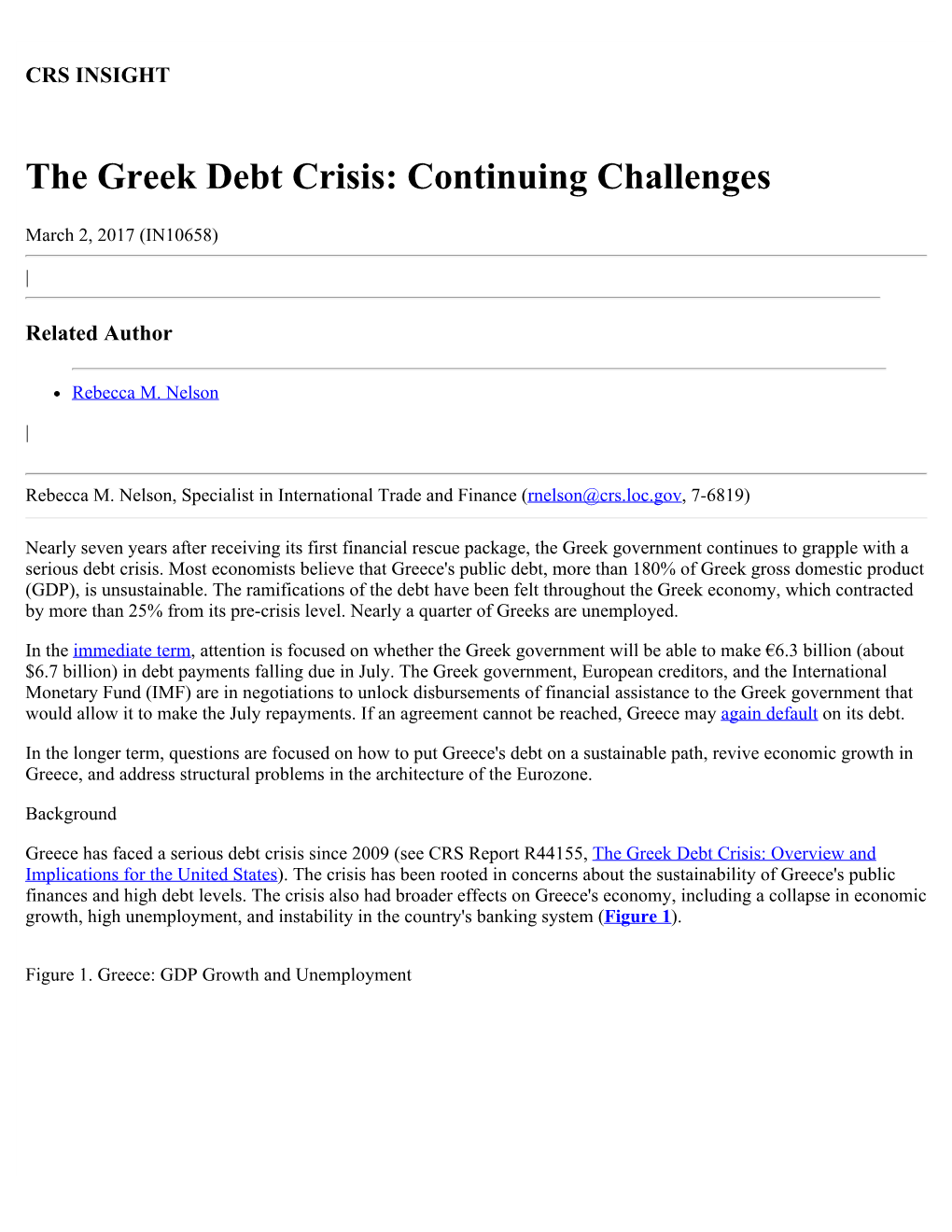 The Greek Debt Crisis: Continuing Challenges