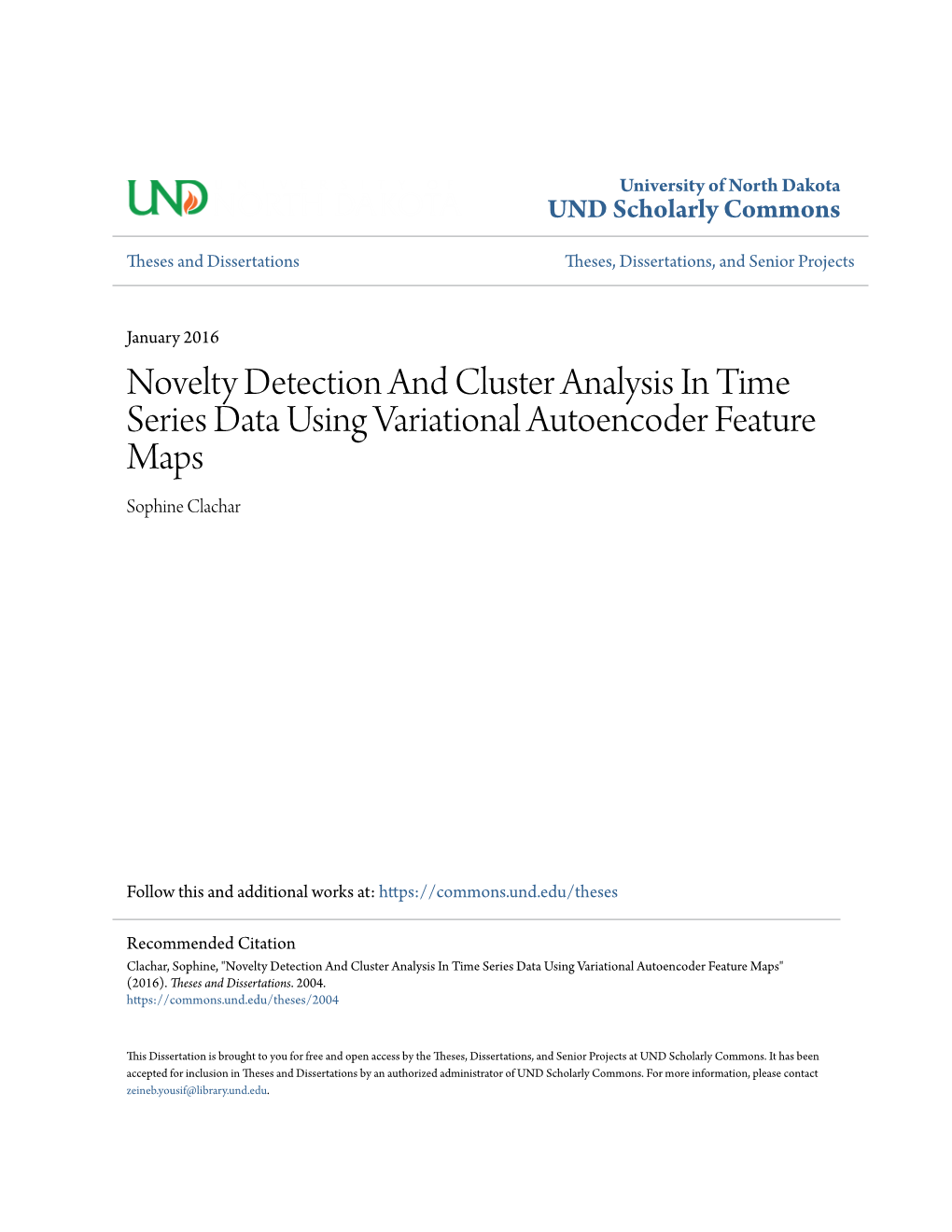 Novelty Detection and Cluster Analysis in Time Series Data Using Variational Autoencoder Feature Maps Sophine Clachar