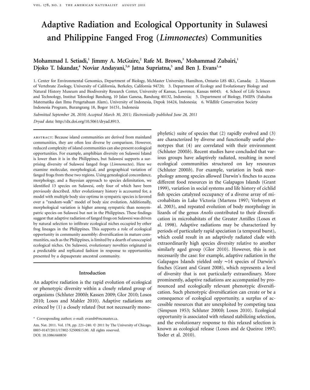 Adaptive Radiation and Ecological Opportunity in Sulawesi and Philippine Fanged Frog (Limnonectes) Communities