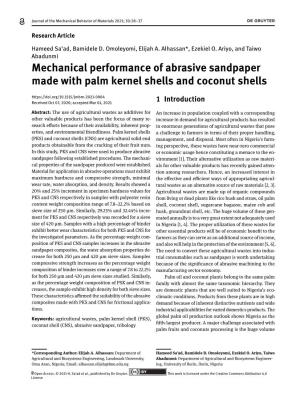 Mechanical Performance of Abrasive Sandpaper Made with Palm Kernel