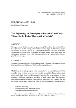 The Beginnings of Theosophy in Poland: from Early Visions to the Polish Theosophical Society1