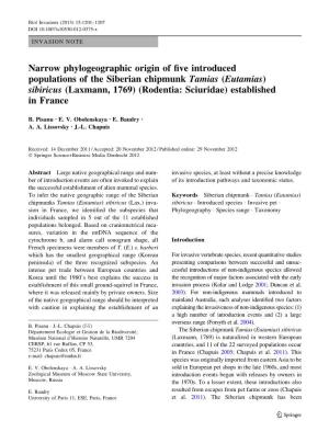 Narrow Phylogeographic Origin of Five Introduced Populations of the Siberian Chipmunk Tamias (Eutamias) Sibiricus (Laxmann, 1769