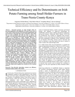 Technical Efficiency and Its Determinants on Irish Potato Farming Among Small Holder Farmers in Trans-Nzoia County-Kenya