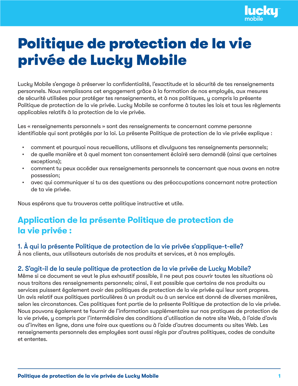 Politique De Protection De La Vie Privée De Lucky Mobile