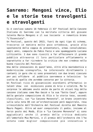 Sanremo: Mengoni Vince, Elio E Le Storie Tese Travolgenti E Stravolgenti