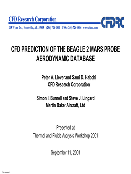 Cfd Prediction of the Beagle 2 Mars Probe Aerodynamic Database