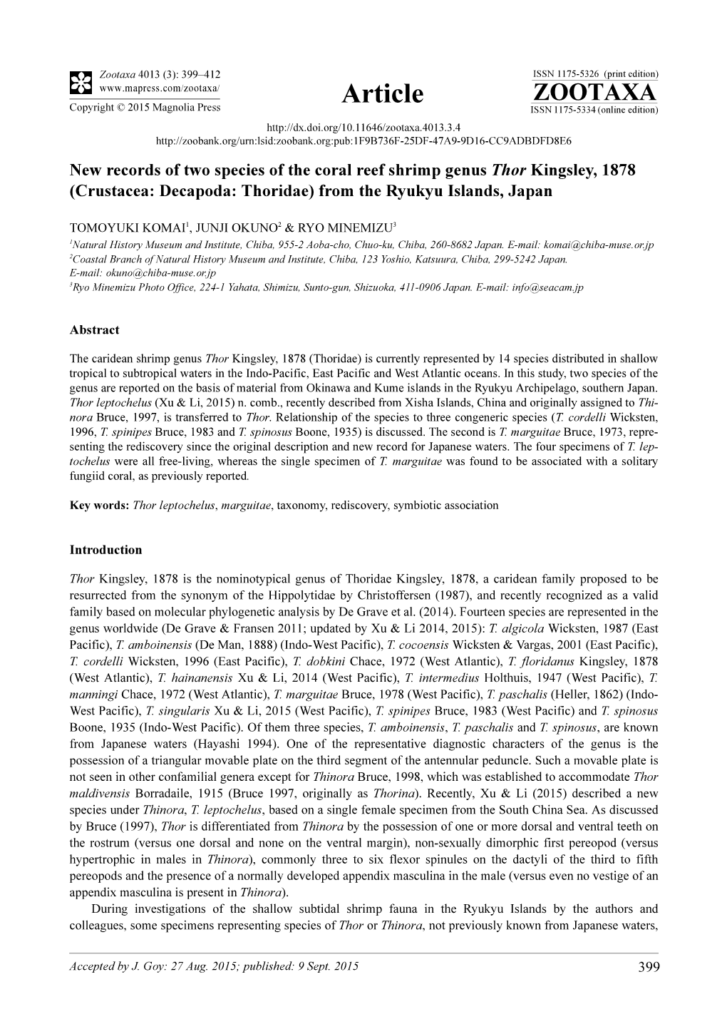 New Records of Two Species of the Coral Reef Shrimp Genus Thor Kingsley, 1878 (Crustacea: Decapoda: Thoridae) from the Ryukyu Islands, Japan