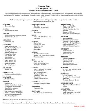 Phoenix Zoo 2020 Reciprocal List January 1, 2020 Through December 31, 2020