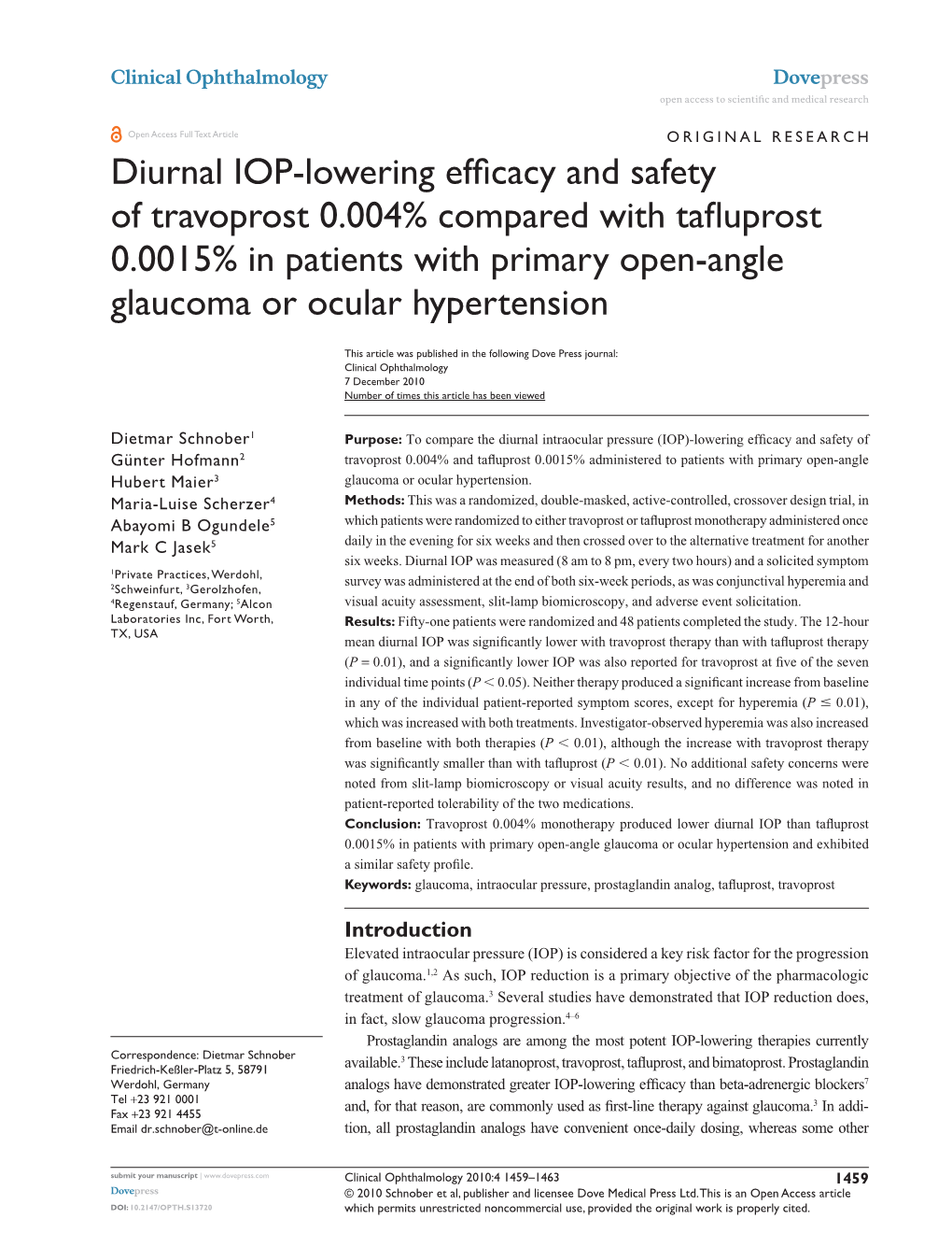 Diurnal IOP-Lowering Efficacy and Safety of Travoprost 0.004% Compared with Tafluprost 0.0015% in Patients with Primary Open-Angle Glaucoma Or Ocular Hypertension