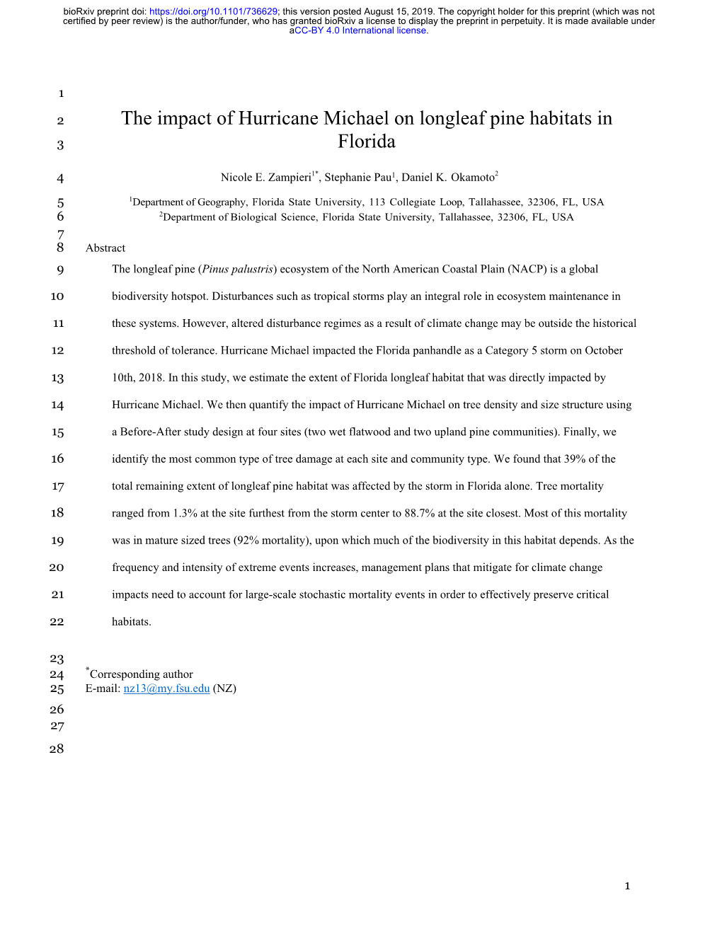 The Impact of Hurricane Michael on Longleaf Pine Habitats in Florida