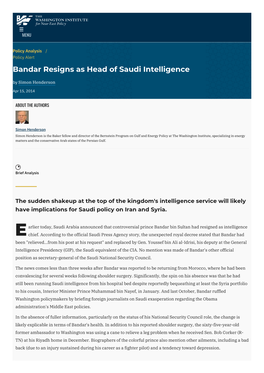 Bandar Resigns As Head of Saudi Intelligence | the Washington Institute