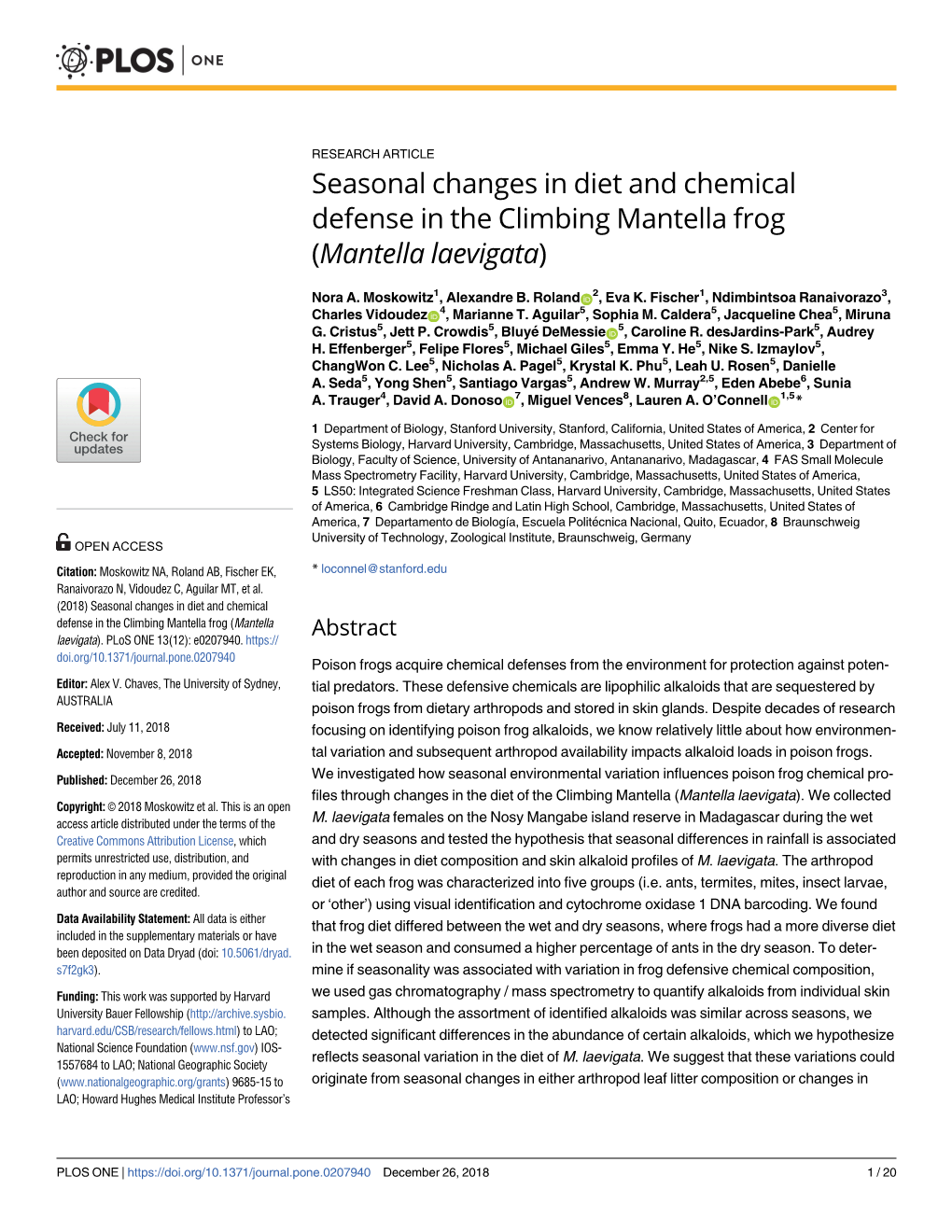 Seasonal Changes in Diet and Chemical Defense in the Climbing Mantella Frog (Mantella Laevigata)