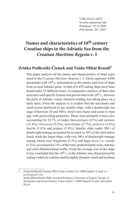 Names and Characteristics of 18Th Century Croatian Ships in the Adriatic Sea from the Croatian Maritime Regesta V