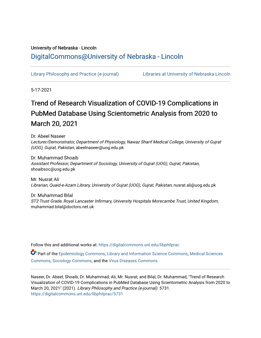 Trend of Research Visualization of COVID-19 Complications in Pubmed Database Using Scientometric Analysis from 2020 to March 20, 2021