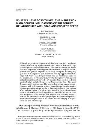 The Impression Management Implications of Supportive Relationships with Star and Project Peers